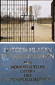 gate of Sachsenhausen with caption about homosexuals