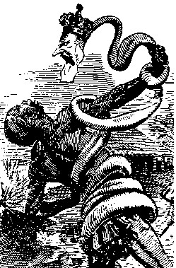 Caricature showing a King Leopold snake strangling an African
