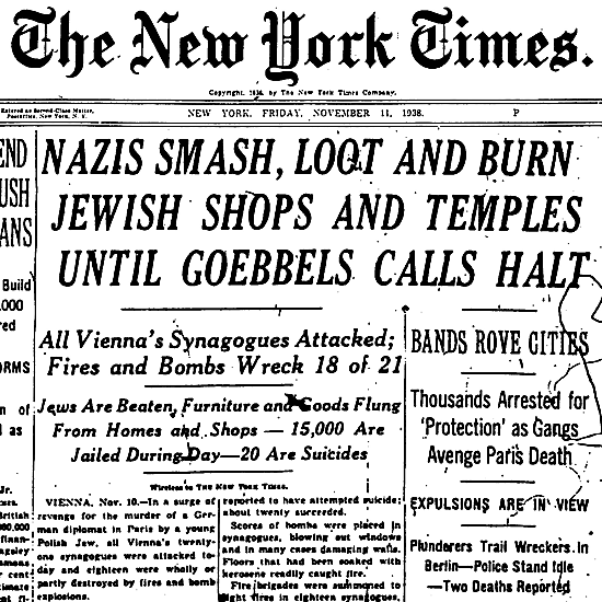 New York Times, Nov. 11, 1938 headline