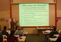 Marcuse presenting about teaching the Holocaust, 2004
