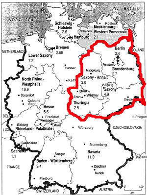 Map of Germany in 1990, with E. German borders marked