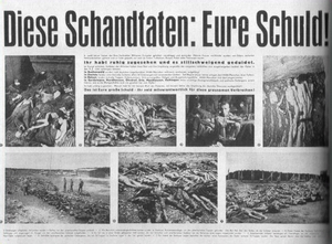 May 1945 poster showing scenes from liberatied camps