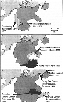 b/w map showing Germany's 1930s expansion