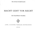 Title image of W. Niemoeller's 1952 book Macht geht vor Recht